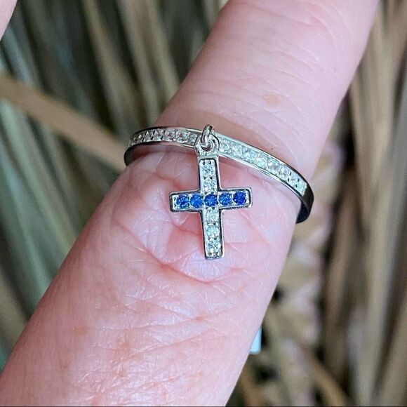 Sapphire Cross Dangle Sterling Silver CZ Ring Sizes 9,10 - Picture 3 of 6
